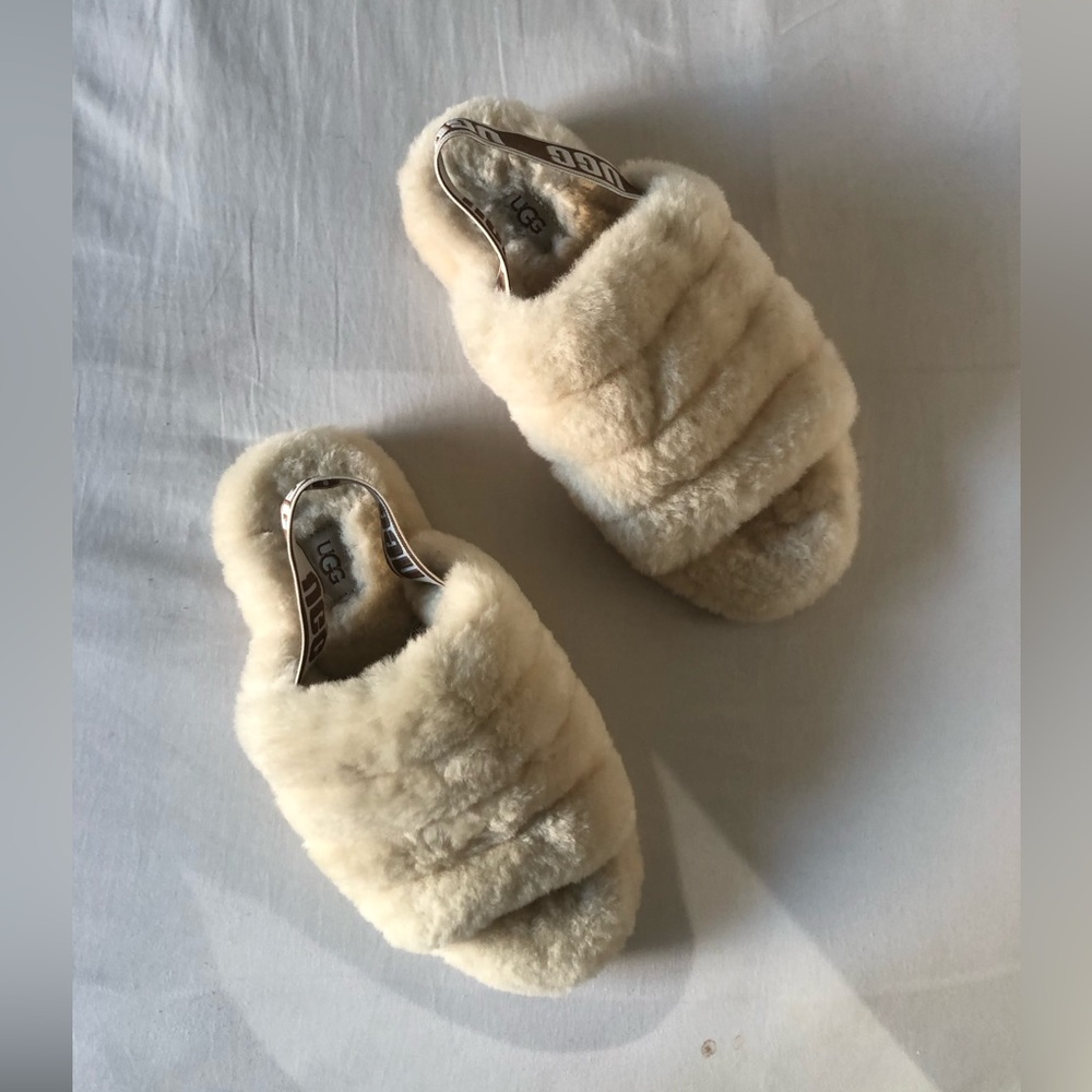 UGG Cream Shearling Slide Slippers with Branded Heel Strap